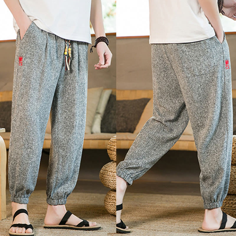 Plain Drawstring Cotton Men's Harem Pants With Pockets