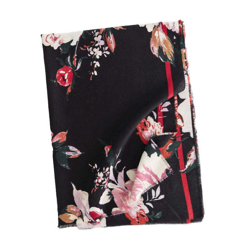 Tibetan Blooming Rose Peony Flower Print Shawl Fall Winter Cozy Warm Scarf Wrap