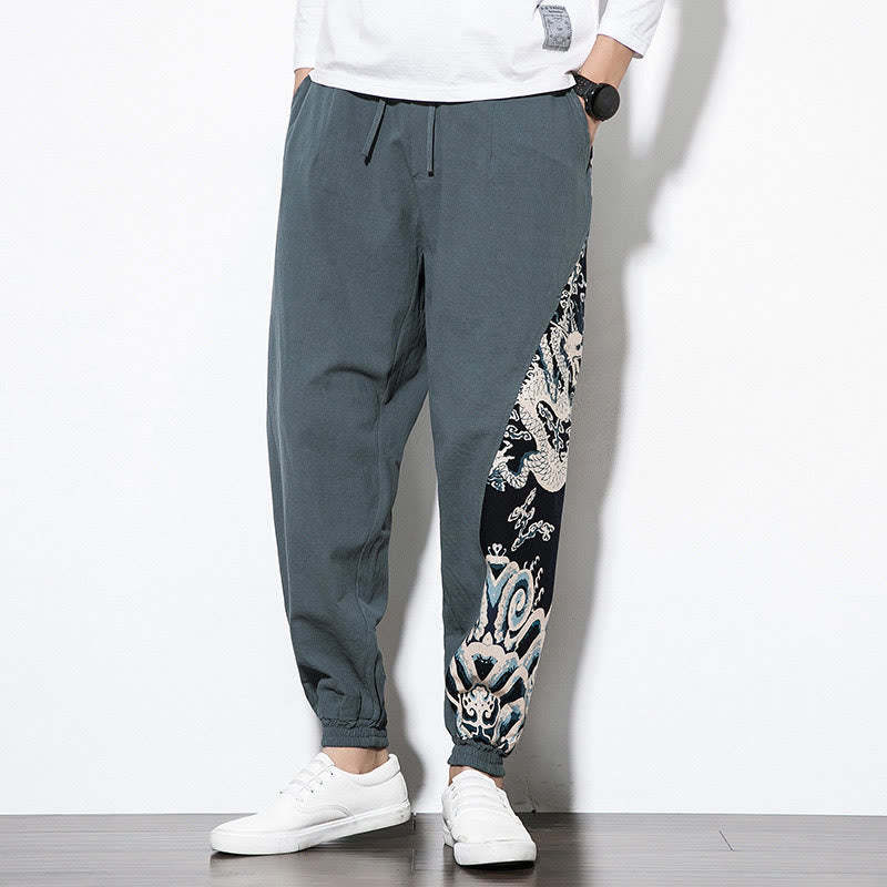 Summer Dragon Waves Cotton Men's Pants With Pockets