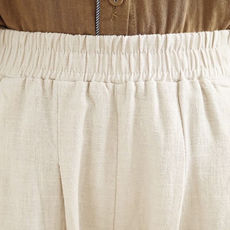 Casual Solid Color Tapered Elastic Waistband Cotton Linen Women's Pants With Pockets