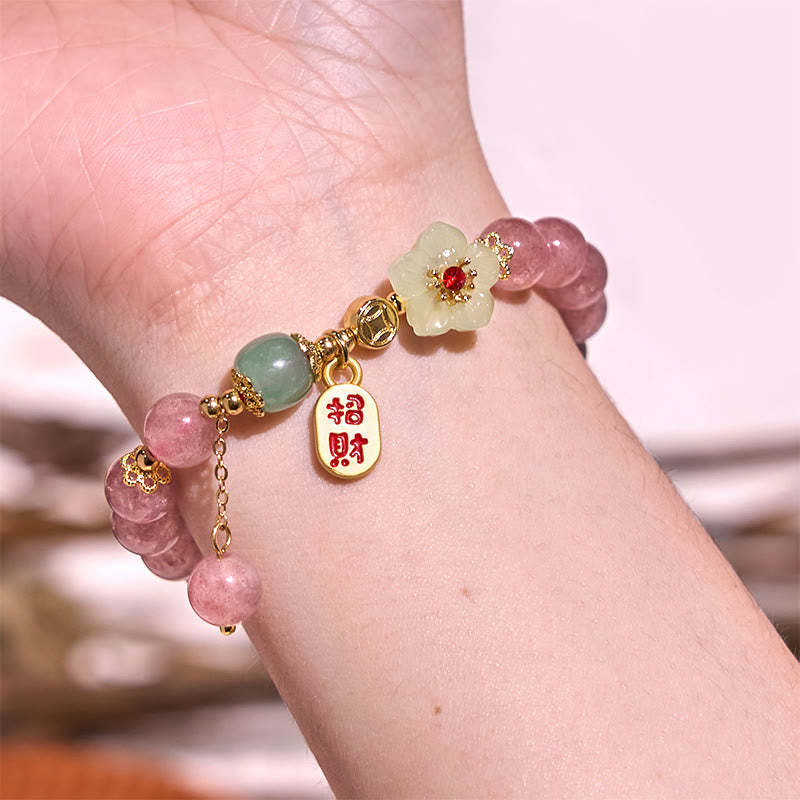Natural Strawberry Quartz Blossom Fu Character Positivity Healing Bracelet
