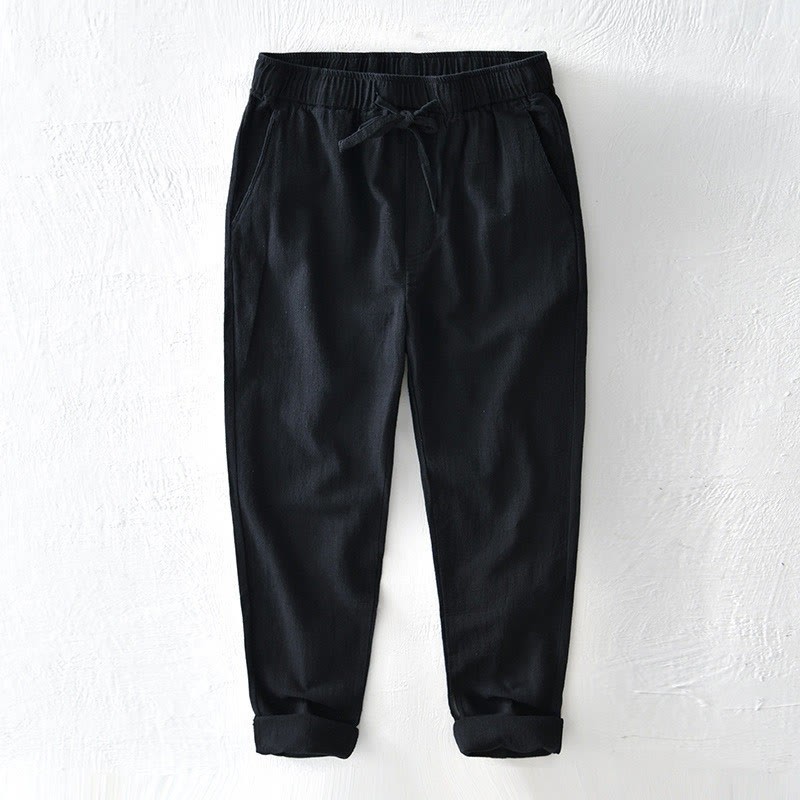 Casual Solid Color Simple Design Drawstring Ramie Linen Men's Pants With Pockets