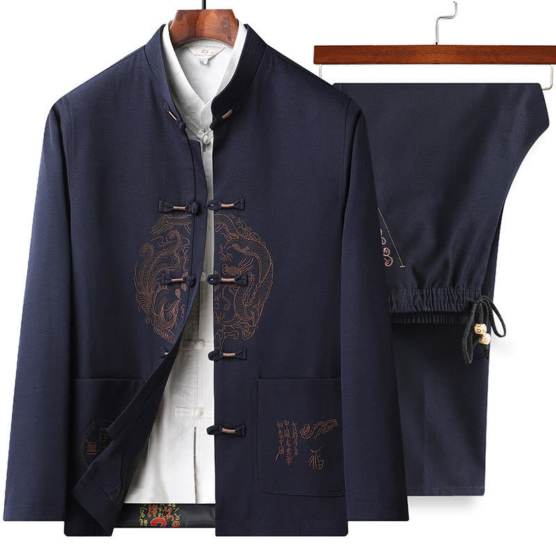 Chinese New Year Embroidered Tang Suit Hanfu Traditional Uniform Long Sleeve Top Pants Clothing Men's Set