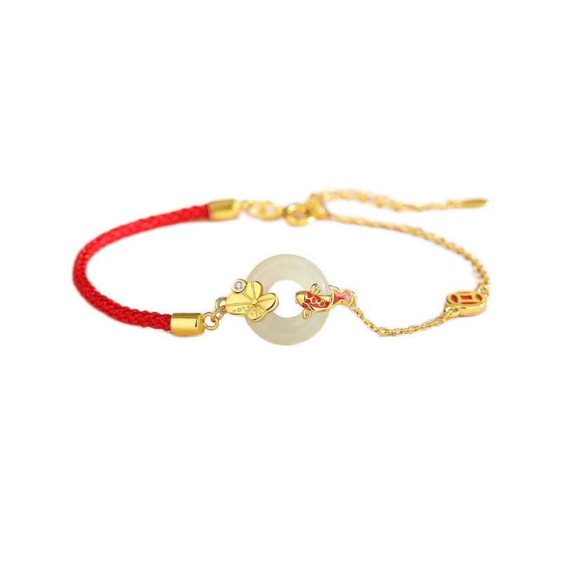 Handmade 925 Sterling Silver Hetian Jade Chinese Goldfish Peace Buckle?Red Rope Bracelet