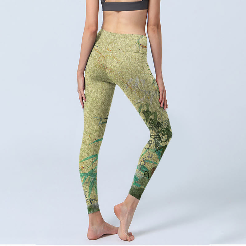 Bamboo Print Lycra Fabric Fitness Leggings Women's Yoga Pants