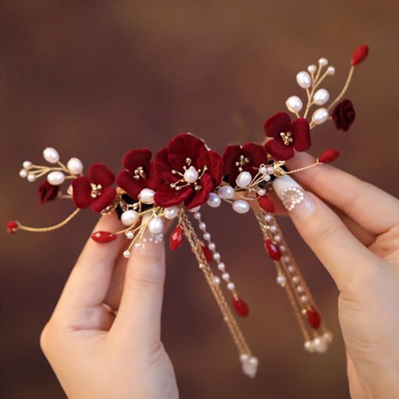 Chinese Oriental Wedding Bridal Red Rose Hair Clip