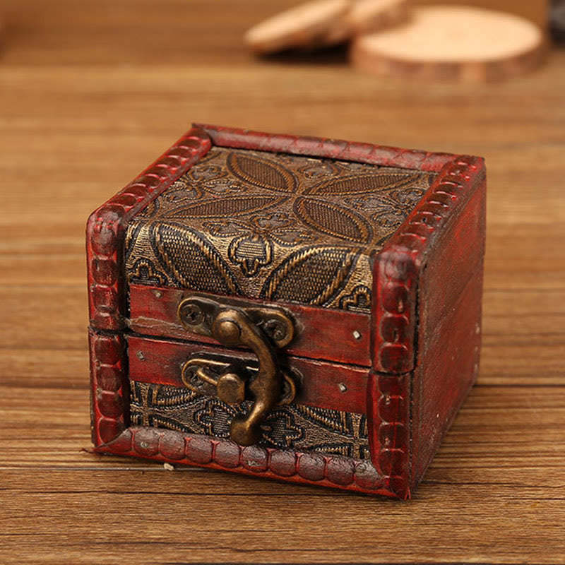 Retro Small Square Wood Jewelry Box Lotus Grass Flower Grape Copper Coin Daffodil Jewelry Storage Box