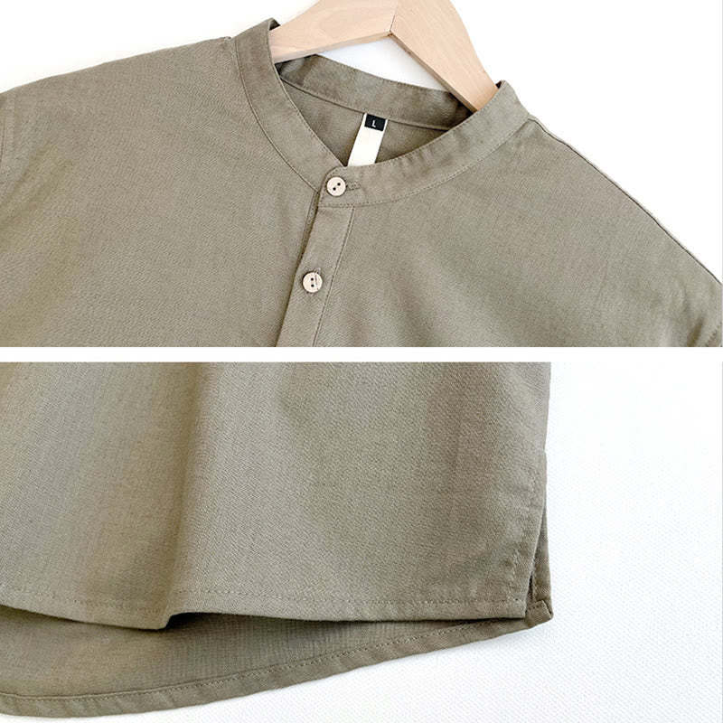 Solid Color Men Short Sleeve Button Linen Shirt