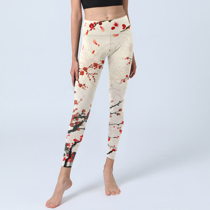 Blooming Red Plum Blossoms Print Gym Leggings Women's Yoga Pants