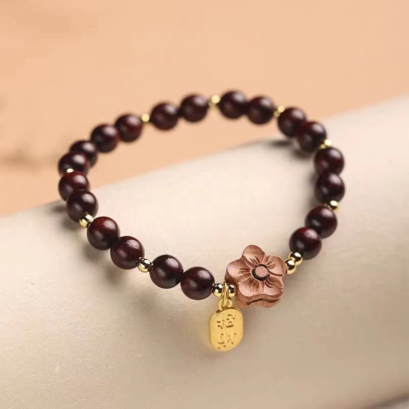 Natural Sandalwood Peach Blossom Small Leaf Red Sandalwood Ruyi Charm Protection Bracelet
