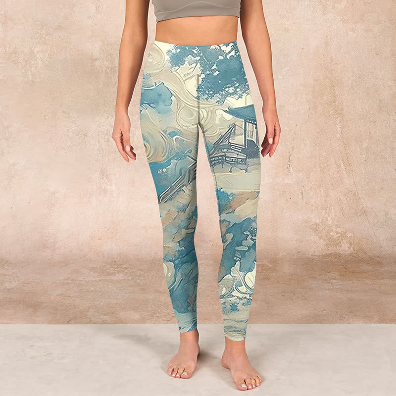 Chinese Architecture Dark Sea Green Print Fitness Leggings Women's Yoga Pants