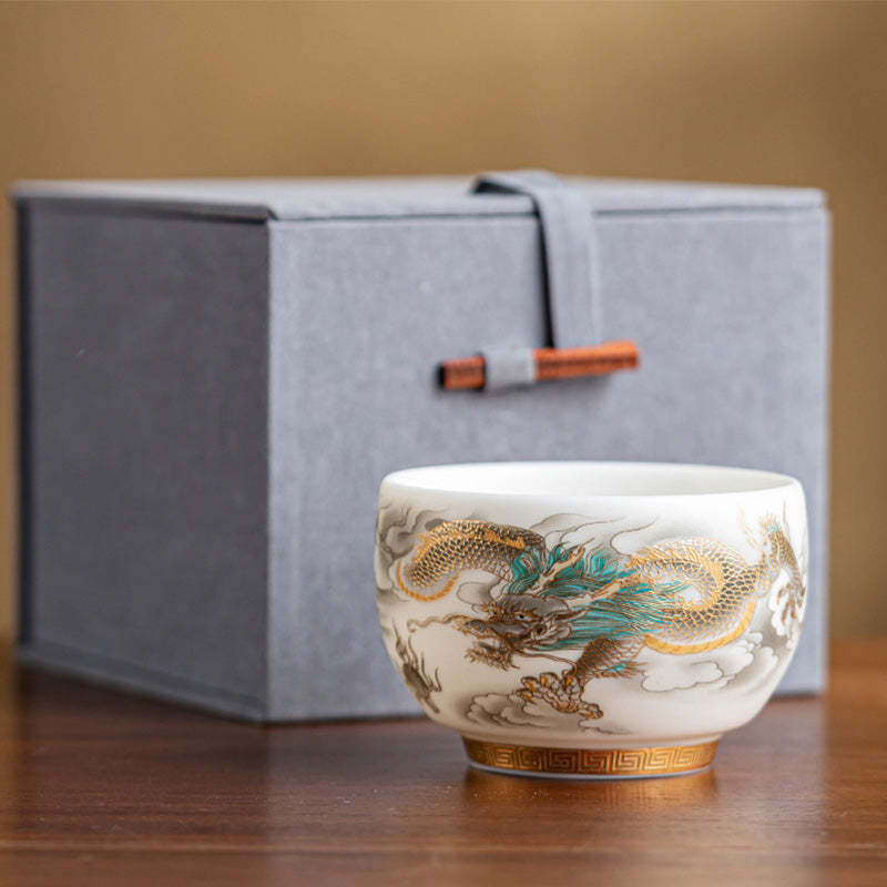 Dragon Phoenix Auspicious Clouds Ceramic Teacup Kung Fu Tea Cup With Gift Box