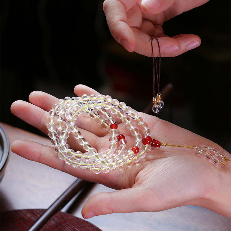108 Mala Beads 925 Sterling Silver Natural White Agate Red Agate Quadruple Wrap Protection Bracelet