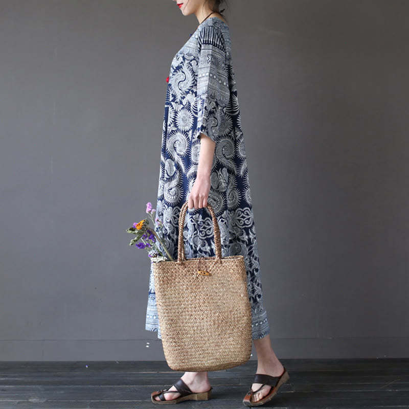 Blue White Flower Printed Button Midi Dress Three Quarter Sleeve Cotton Linen Dress With Pockets