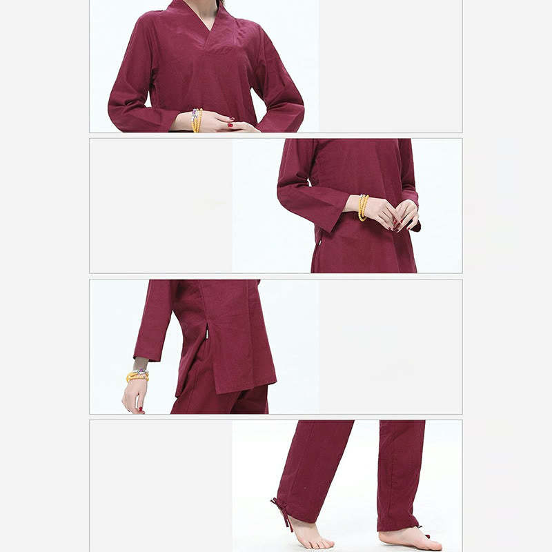 Zen Practice Yoga Meditation Prayer V-neck Design Uniform Cotton Linen Clothing Women's Set