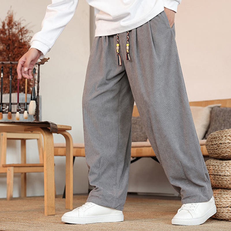 Fall Winter Men's Drawstring Corduroy Solid Pants With Pockets