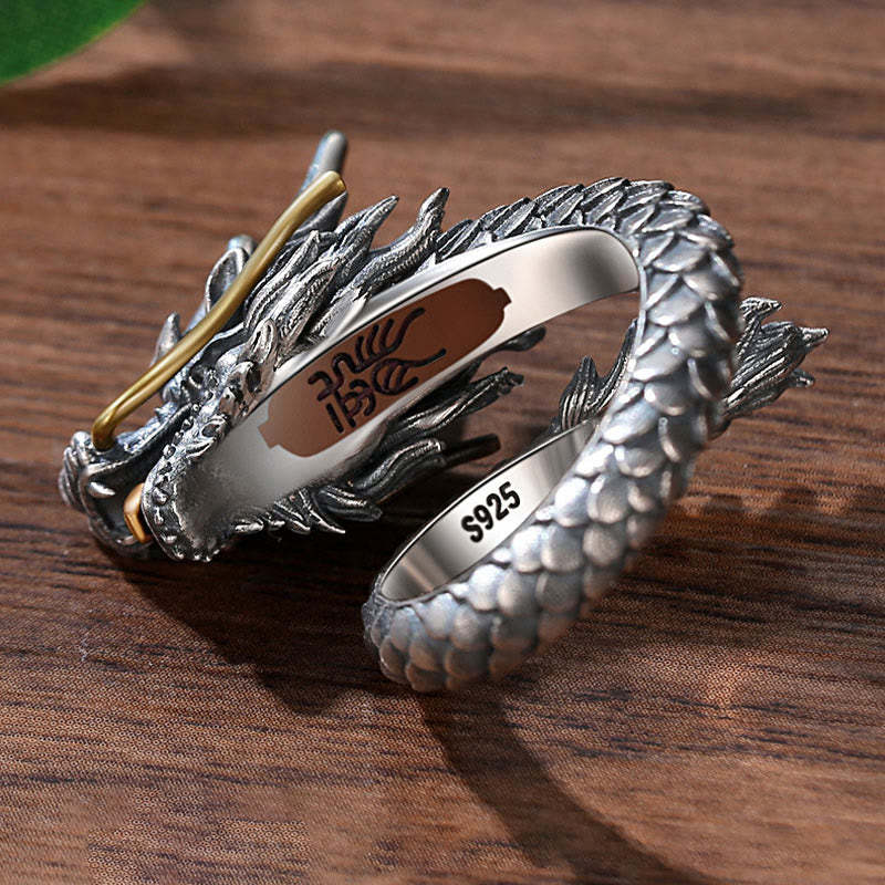 925 Sterling Silver Vintage Dragon Design Protection Strength Adjustable Ring