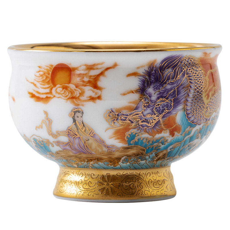 Golden Eagle Auspicious Dragon Sun Ocean Waves Gilt Ceramic Teacup Kung Fu Tea Cup