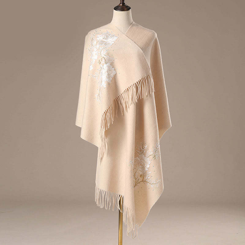 Wool Shawl White Flower Embroidery Tassel Winter Cozy Travel Scarf Wrap