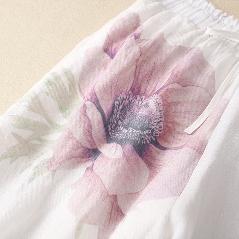 Floral Print High Waist Cotton Linen Drawstring Wide Leg Pants With Pockets