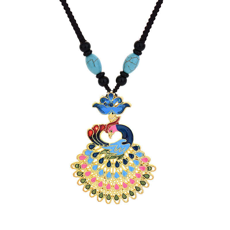 Colourful Peacock Amber Turquoise Agate Fortune Necklace Pendant