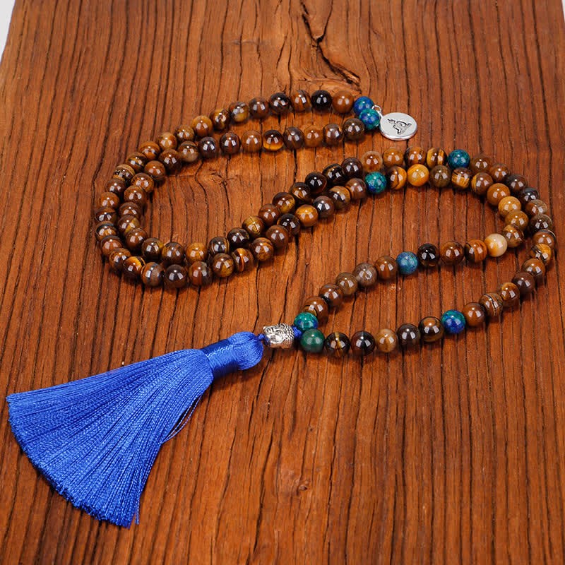 108 Mala Beads Tiger Eye mystic zen Strength Bracelet Tassel Necklace Pendant