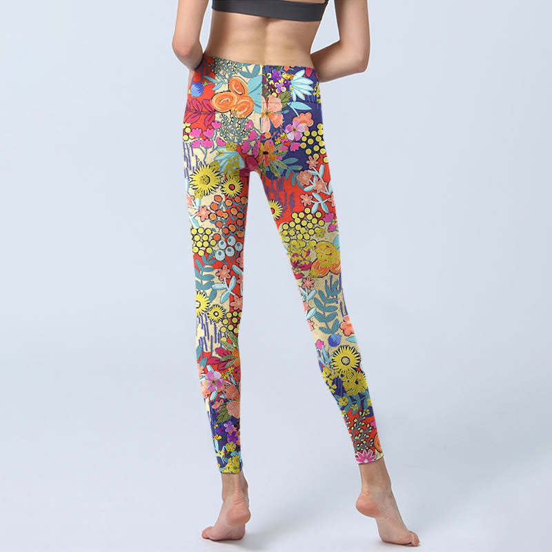 Colorful Flowers Leaves Print Gym Fitness Leggings Women's Yoga Pants