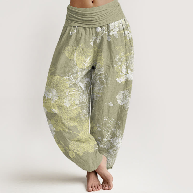 Flowers Lush Leaves Pattern Women's Elastic Waist Harem Pants
