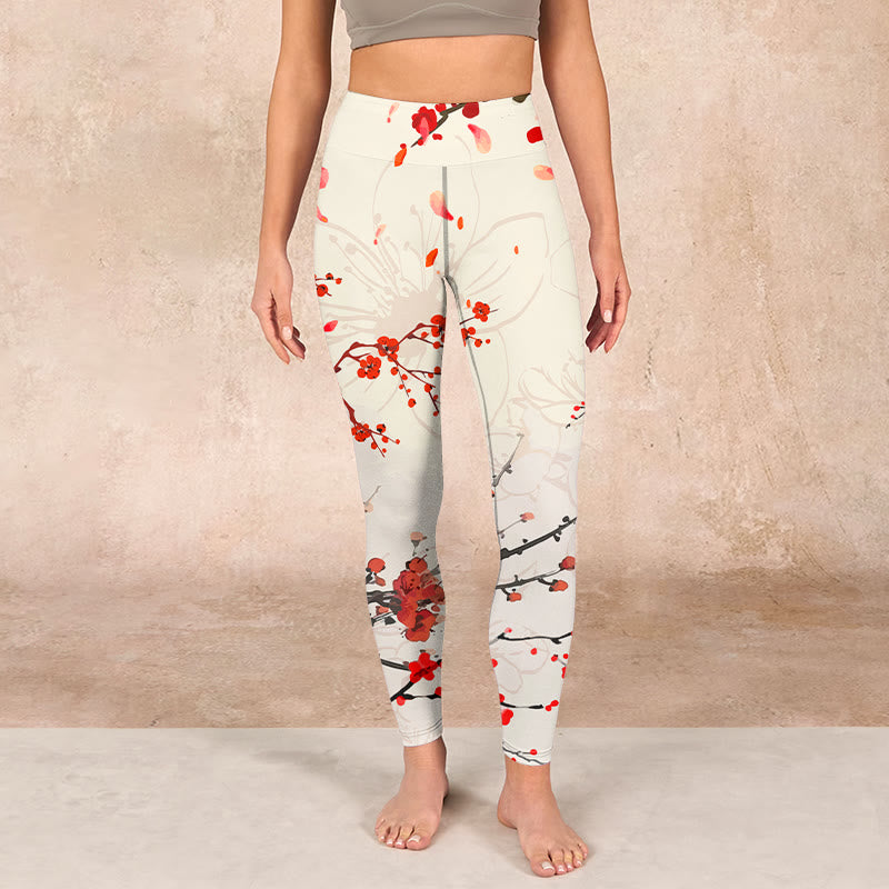 Blooming Red Plum Blossoms Print Gym Leggings Women's Yoga Pants