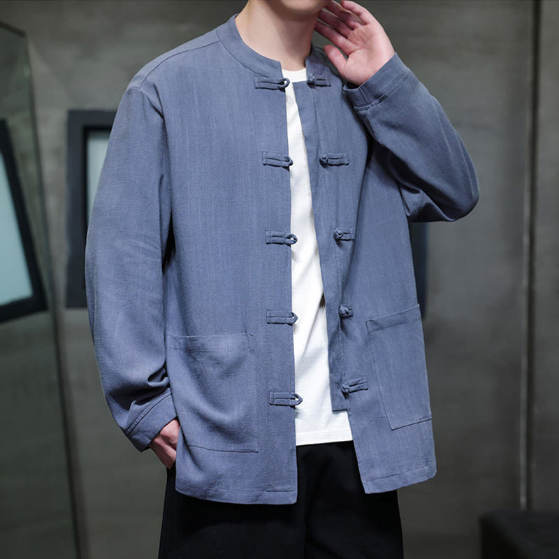 Casual Plain Color Frog-button Linen Men's Jacket Shirt With Pockets