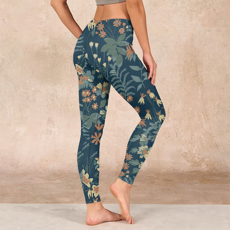 Casual Daisy Flowers Leaves Print Gym Fitness Leggings Women's Yoga Pants
