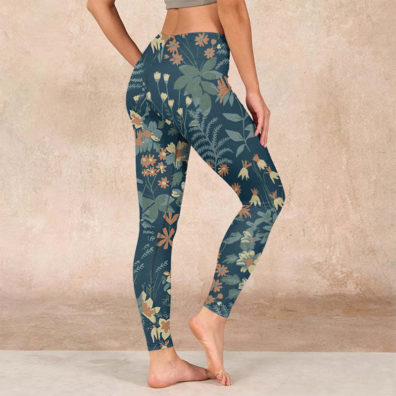 Casual Daisy Flowers Leaves Print Gym Fitness Leggings Women's Yoga Pants