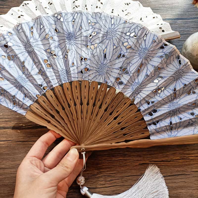 Solid Color Hollow Flowers Embroidery Cotton Fabric Handheld Bamboo Folding Fan