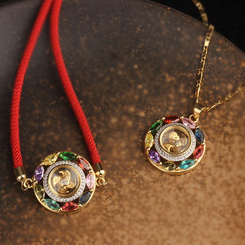 Colorful Zircon Copper Wealth Luck Rotation Bracelet Necklace Pendant