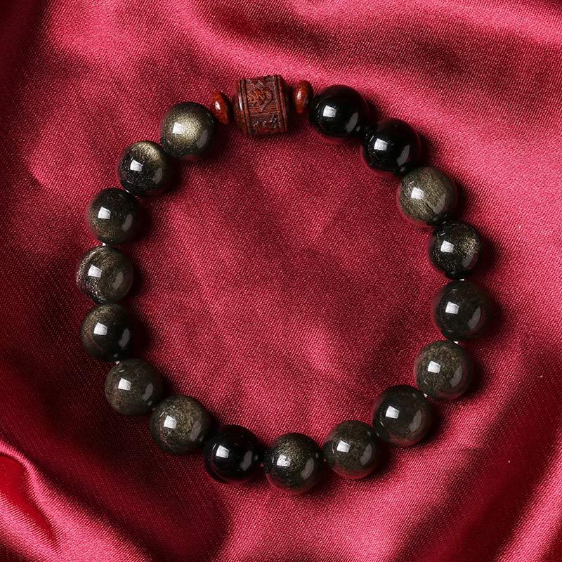 Natural Gold Sheen Obsidian Rainbow Obsidian Om Mani Padme Hum Fu Character Healing Bracelet