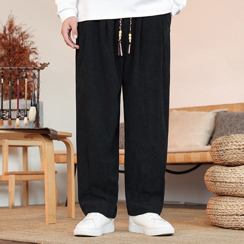 Fall Winter Men's Drawstring Corduroy Solid Pants With Pockets