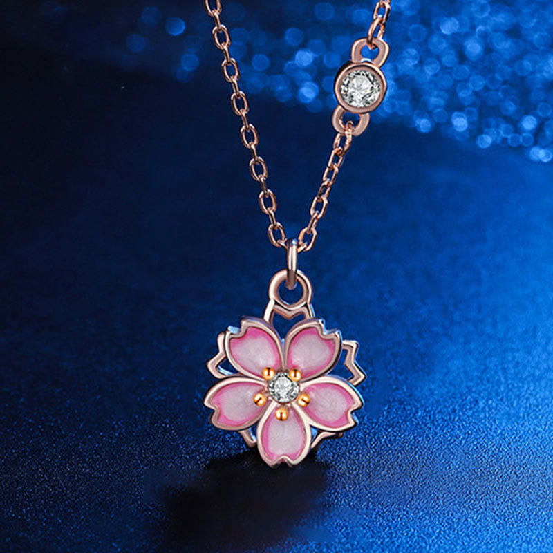 925 Sterling Silver Cherry Blossom Flower Rotatable Protection Necklace Pendant