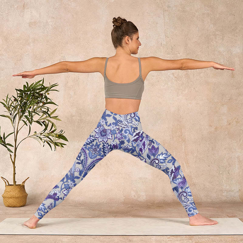 Purple Flower Leaves Print Gym Fitness Leggings Women's Yoga Pants
