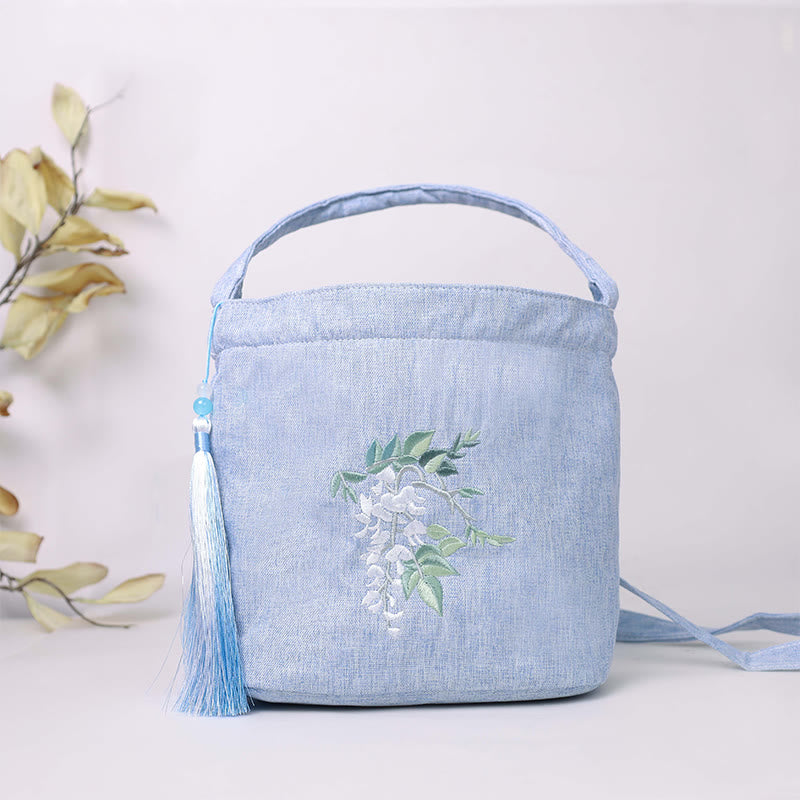 Embroidery Wisteria Plum Lotus Cherry Blossom Cotton Linen Canvas Tote Crossbody Bag Shoulder Bag Handbag