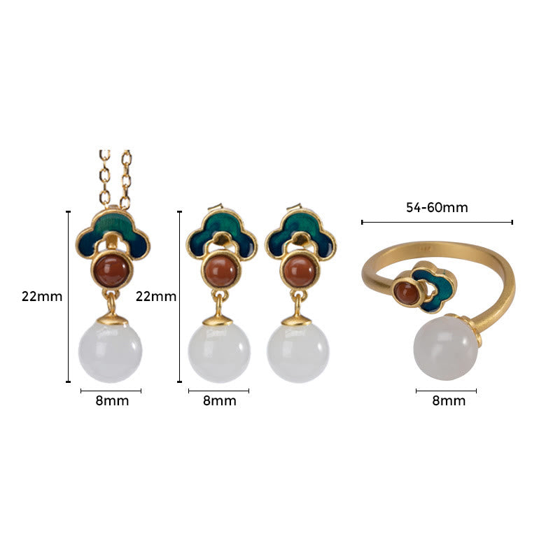 925 Sterling Silver Plated Gold Natural Hetian White Jade Auspicious Clouds Luck Necklace Pendant Ring Earrings Set