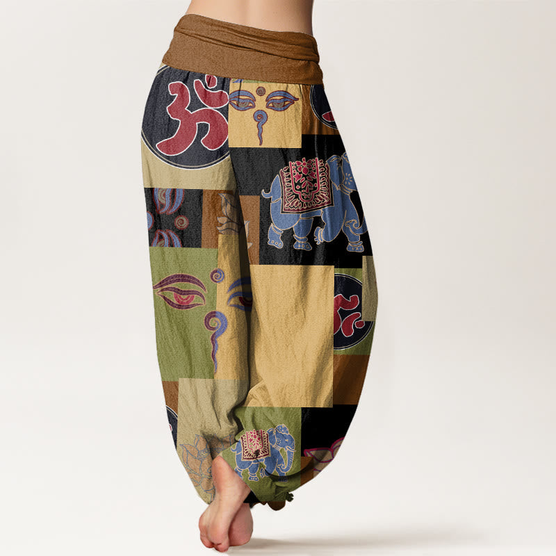 Casual Elephant Lotus mystic zen's Eye Collage Pattern Women's Elastic Waist Harem Pants