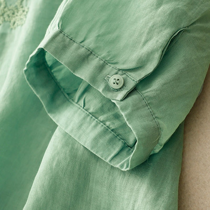 Casual Women's Plain Frog Buckle Design Half Sleeve Cotton Linen Shirt