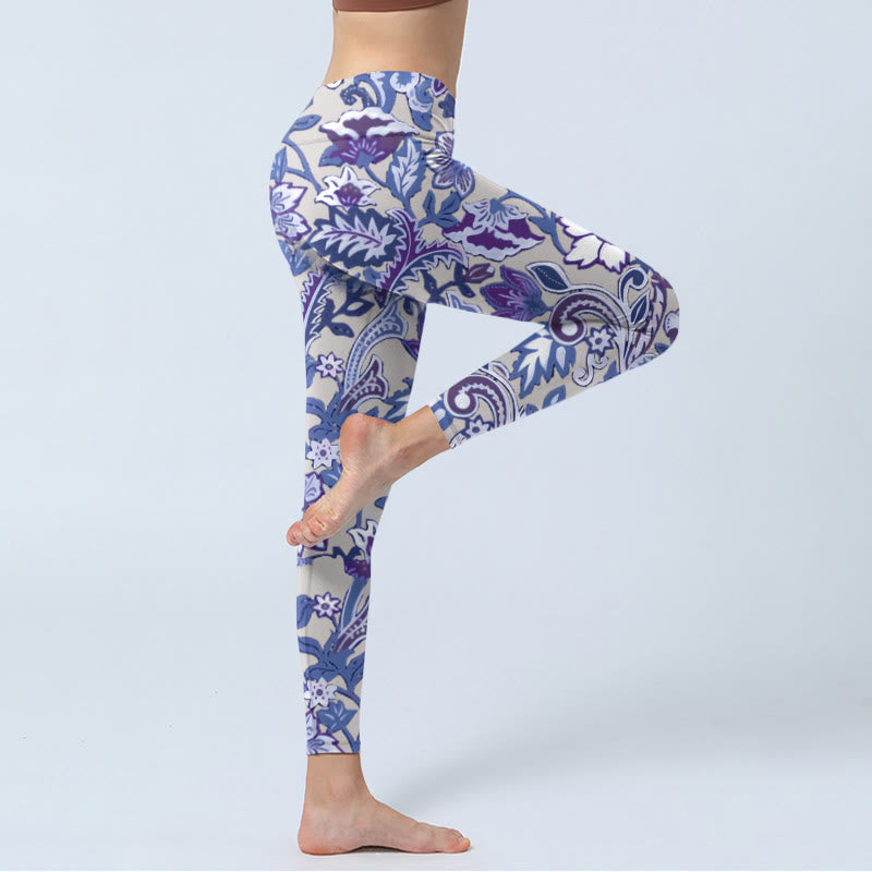 Purple Flower Leaves Print Gym Fitness Leggings Women's Yoga Pants