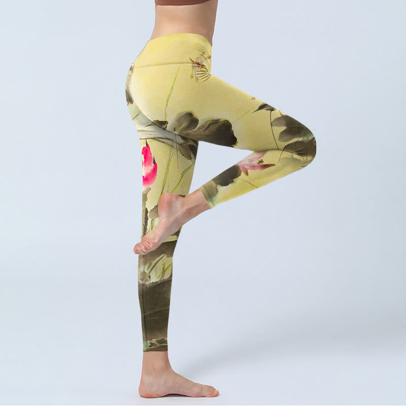Pink Blooming And Unbloomed Lotus Print Gym Leggings Women's Yoga Pants