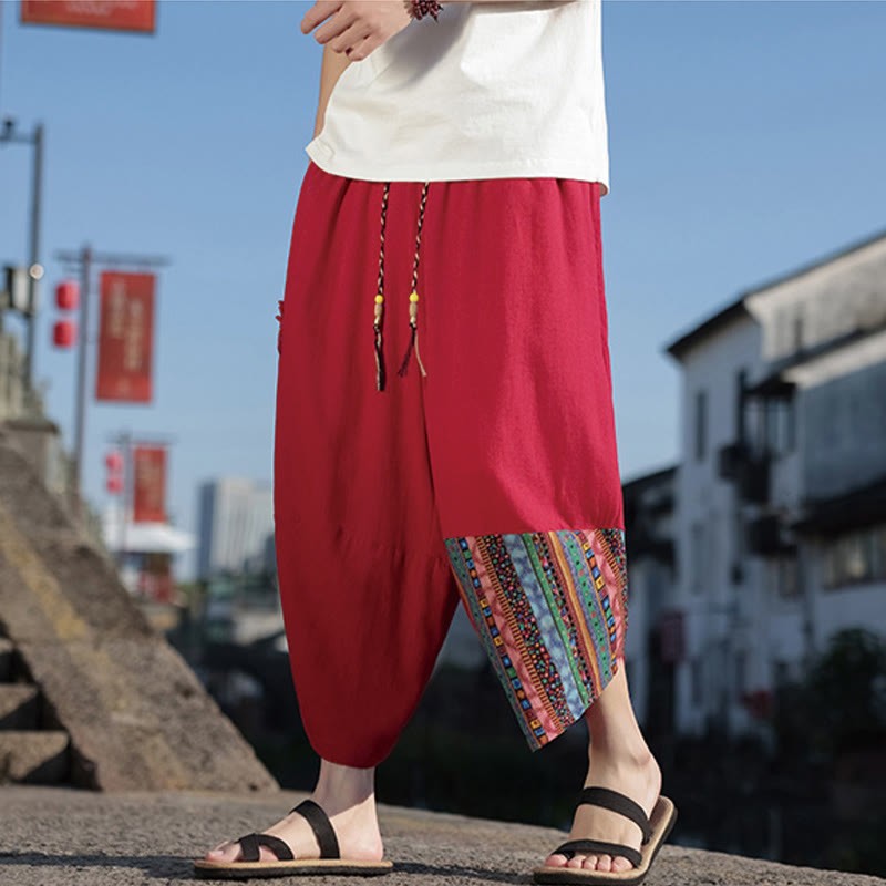Bohemian Patchwork Pattern Cotton Drawstring Men's Wide Leg Pants With Pockets
