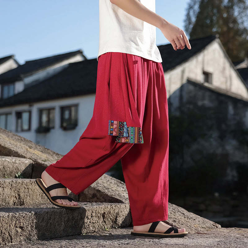 Simple Patchwork Design Drawstring Cotton Men's Wide Leg Pants With Pockets