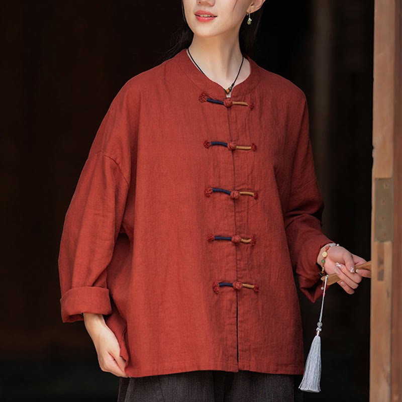 Solid Color Two-color Frog-button Long Sleeve Ramie Linen Women's Shirt