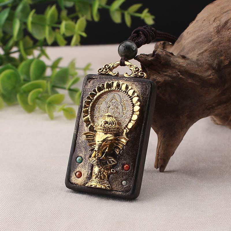 Ebony Wood Elephant God of Fortune mystic zen Blessing Necklace String Pendant