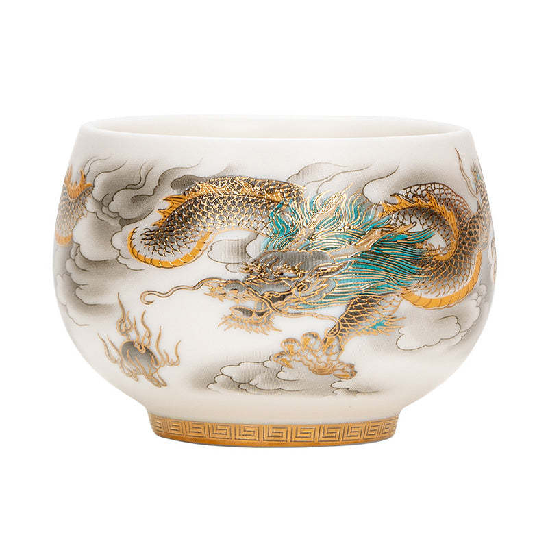 Dragon Phoenix Auspicious Clouds Ceramic Teacup Kung Fu Tea Cup With Gift Box