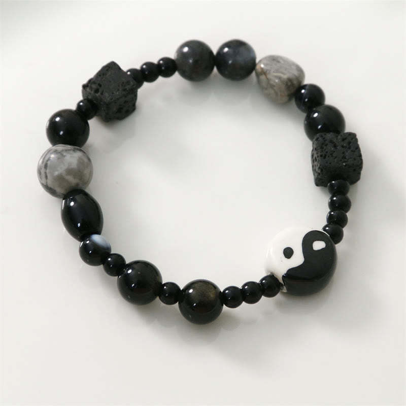 Black Onyx Picasso Jasper Bead Yin Yang Fortune Protection Bracelet